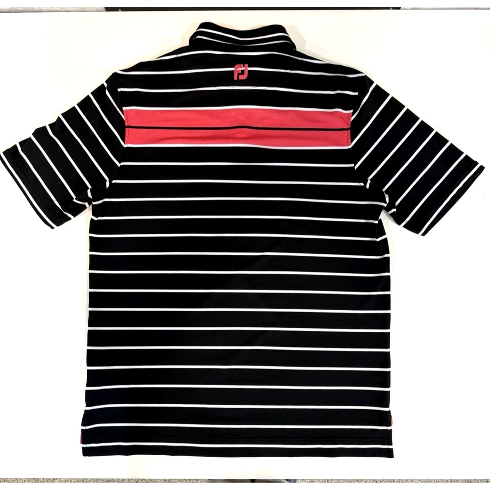 FootJoy Golf Shirt Mens Lg Black/Pink Stripe Pattern Short Sleeve Polo October